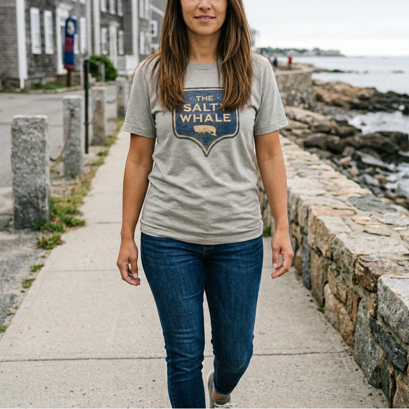 Person wearing heather stone 'The Salty Whale' weathered carved-wood pub sign t-shirts inspired by Widow's Bay Apple TV show