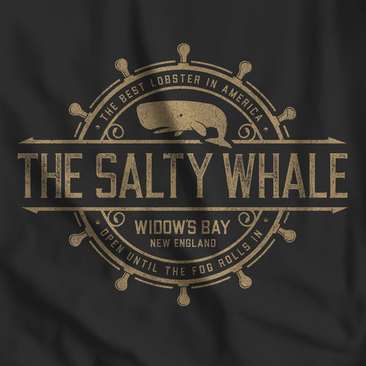 Closeup of black 'The Salty Whale' vintage distressed pub logo t-shirt inspired by Widow's Bay Apple TV series, soft Bella+Canvas cotton tee