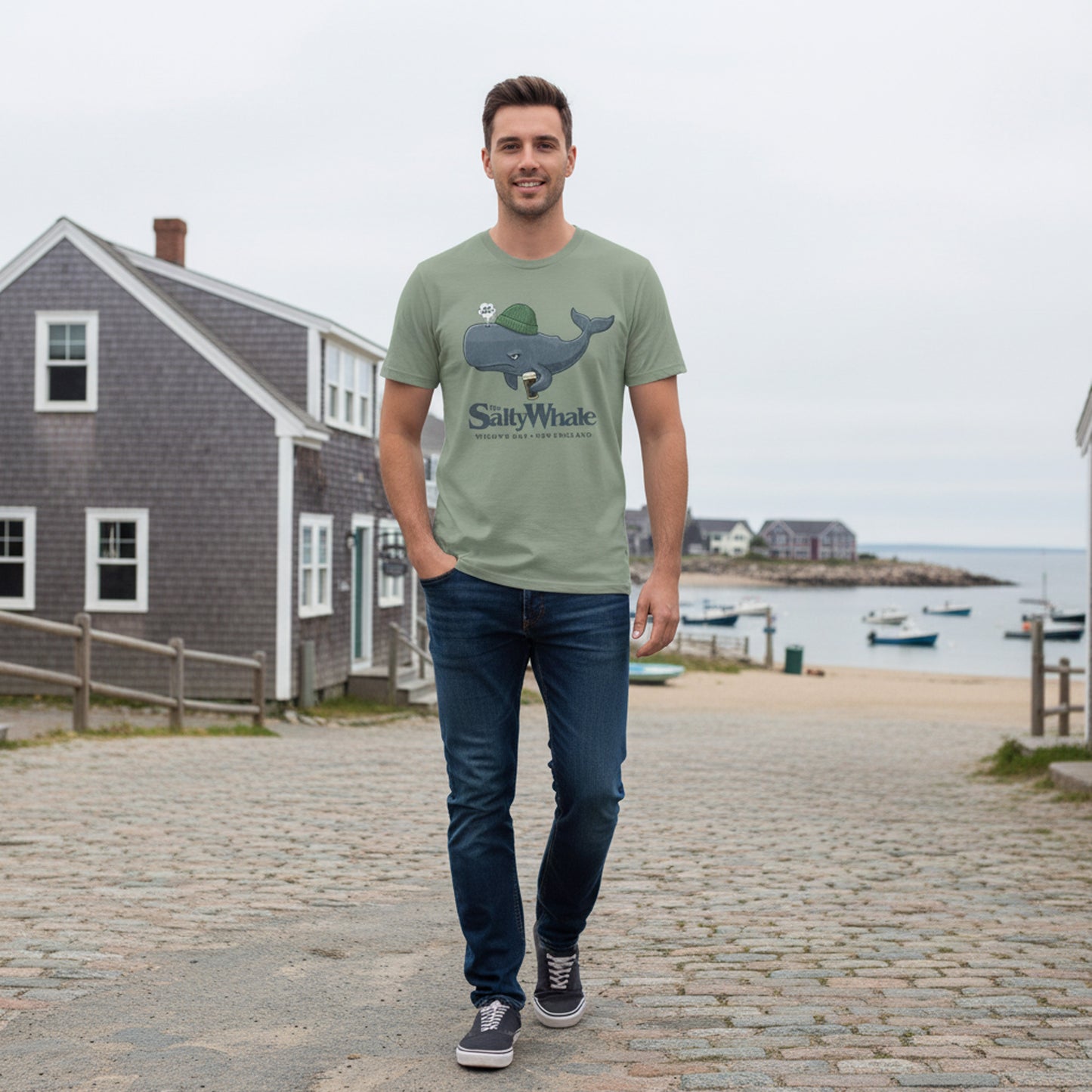 Man wearing sage green 'The Salty Whale' cartoon mascot t-shirt inspired by Widow's Bay Apple TV series, soft Bella+Canvas cotton pub fan tee