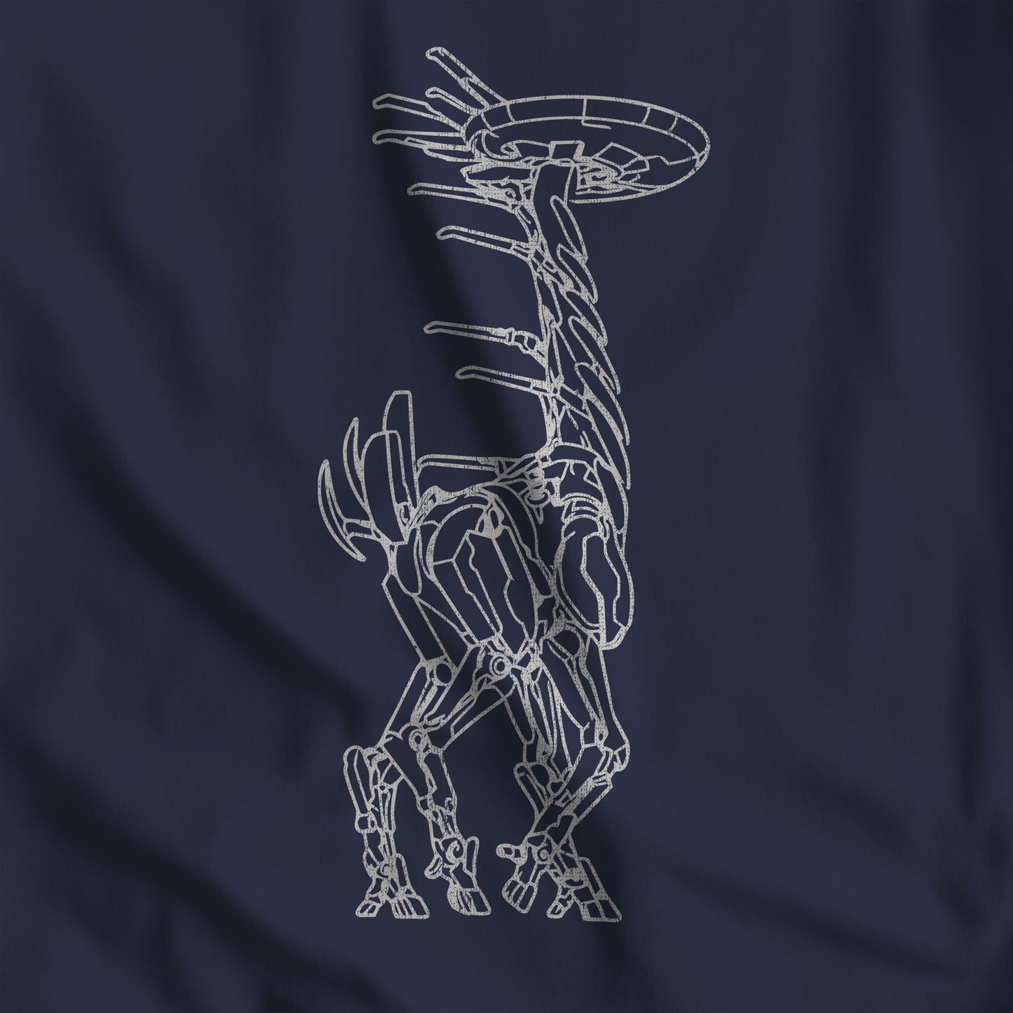 Closeup of navy blue Tallneck vintage line-art graphic t-shirt inspired by Horizon Zero Dawn and Forbidden West, soft Bella+Canvas cotton tee