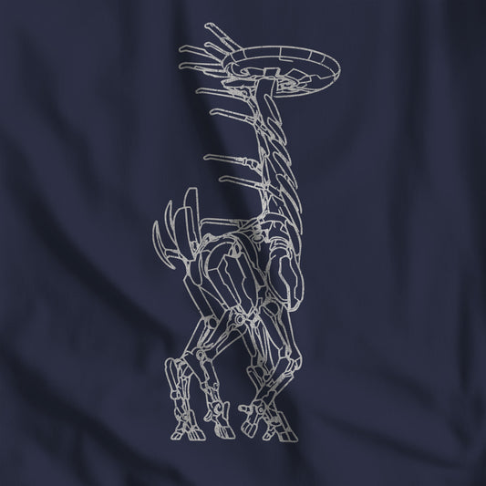 Closeup of navy blue Tallneck vintage line-art graphic t-shirt inspired by Horizon Zero Dawn and Forbidden West, soft Bella+Canvas cotton tee