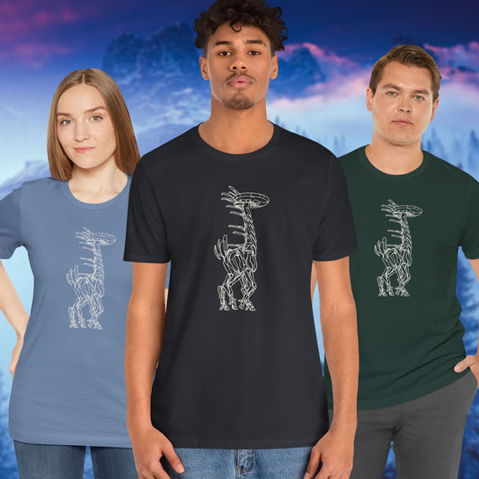 Three people wearing Tallneck vintage line-art graphic t-shirts inspired by Horizon Zero Dawn and Forbidden West, soft Bella+Canvas cotton tee