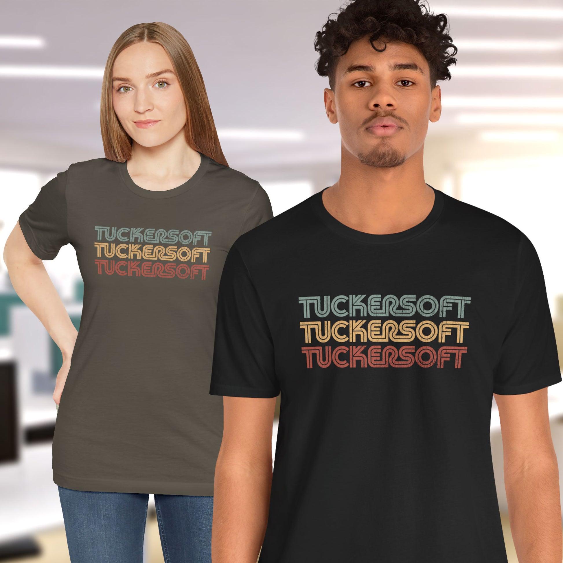 2 models wearing black and army colored soft Bella+Canvas 3001 short-sleeve t-shirt tee featuring a logo graphic of the 1980s fictional video game company Tuckersoft inspired by the TV show Black Mirror and the episode Bandersnatch in a vintage distressed style, sold by ScriptedBrand.