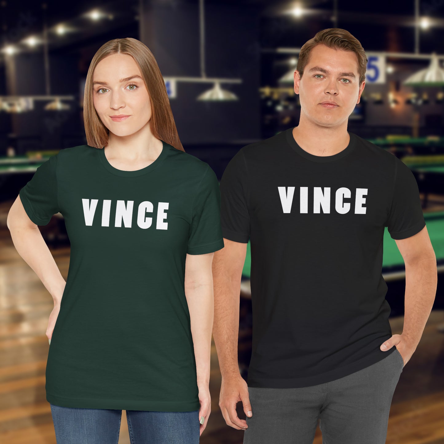 Two people wearing VINCE graphic t-shirts inspired by Tom Cruise in The Color of Money, soft Bella+Canvas cotton 80s movie tee