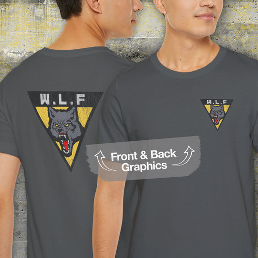 Male Model wearing asphalt gray WLF t-shirt with vintage logo from The Last of Us, front and back view