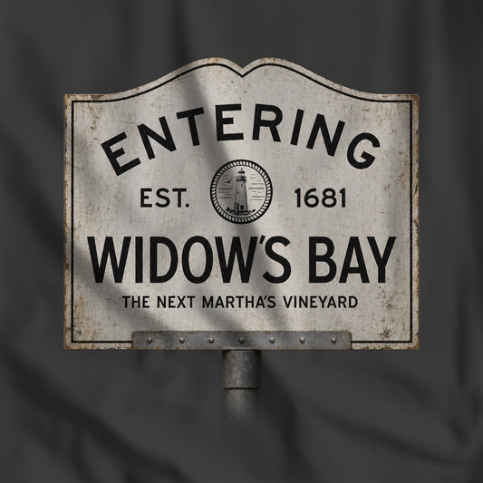 Closeup of Black 'Entering Widow's Bay' vintage town sign t-shirt inspired by Apple TV series, soft Bella+Canvas cotton New England tee