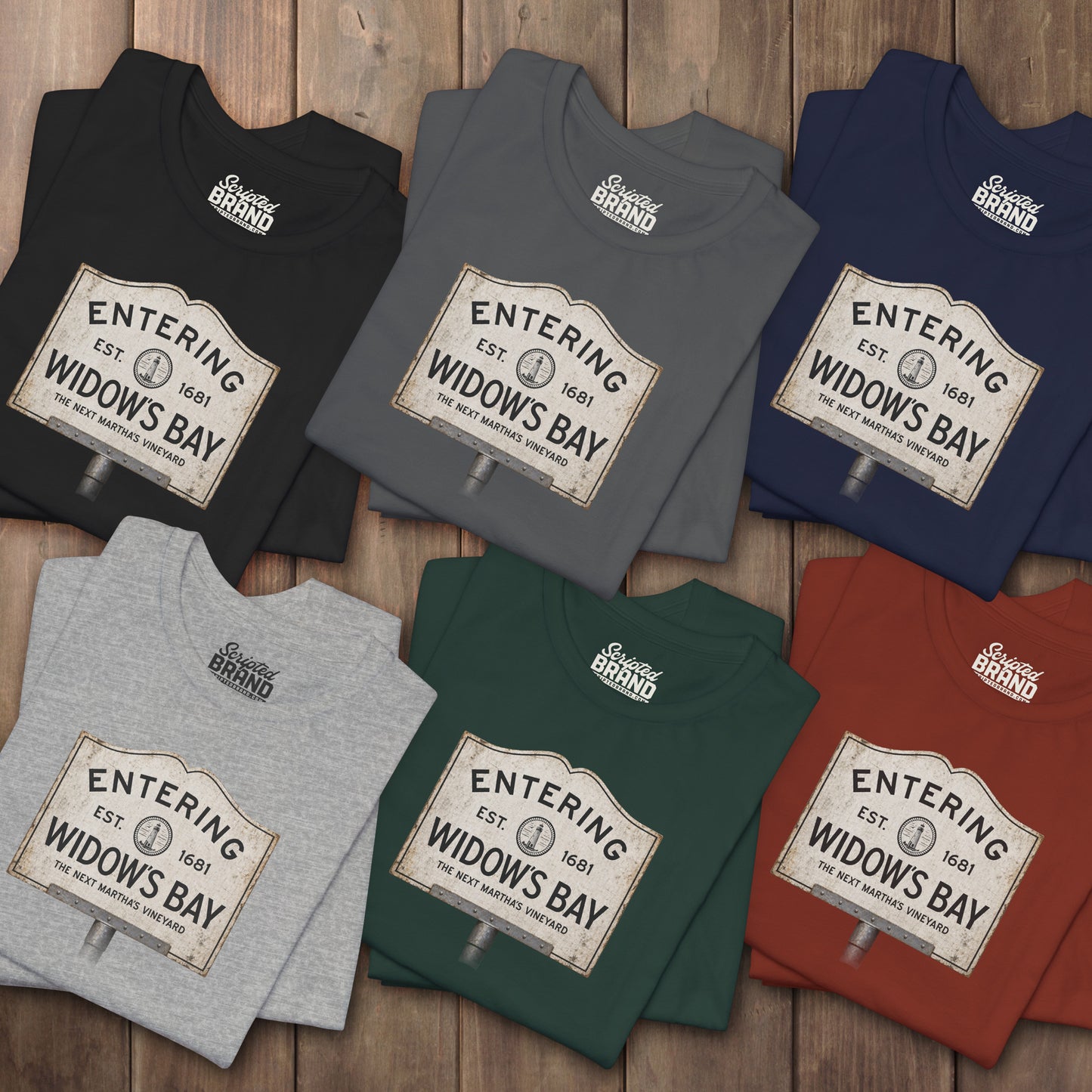 Six folded 'Entering Widow's Bay' vintage town sign t-shirts inspired by Apple TV series, soft Bella+Canvas cotton New England tee