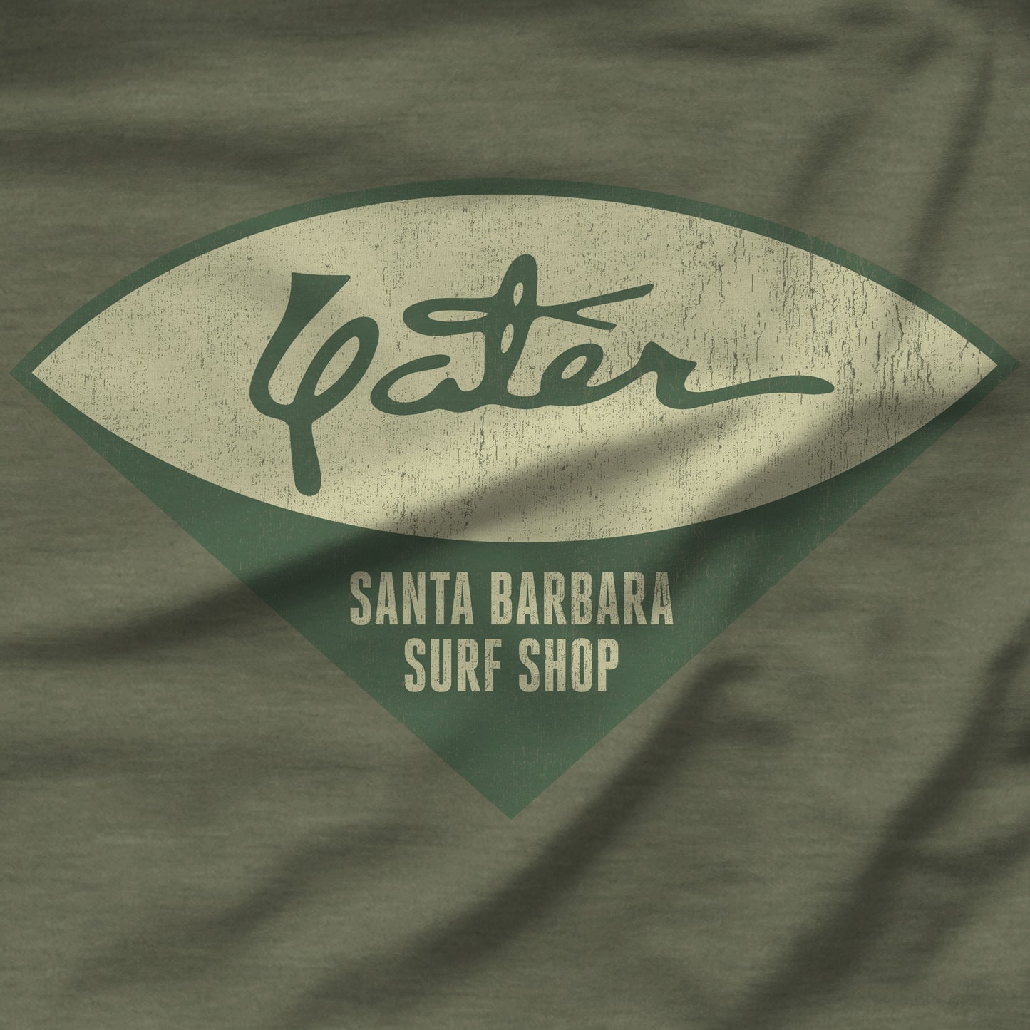 Closeup of heather military green Yater Surf Shop vintage distressed t-shirt, Bella+Canvas 3001, worn by Robert Duvall in Apocalypse Now.