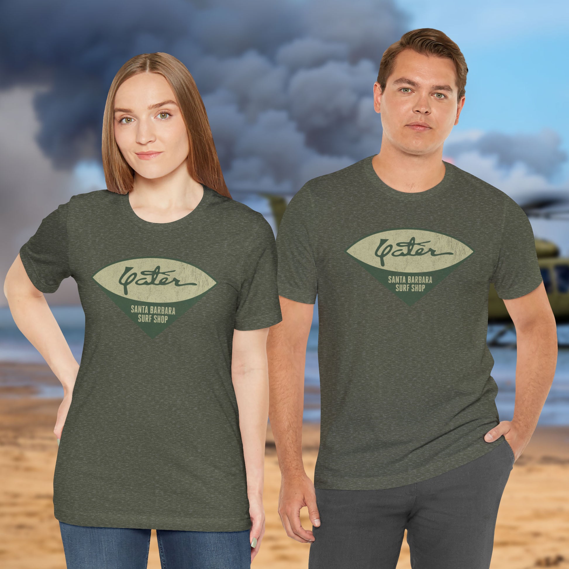 Two people wearing Yater Surf Shop vintage distressed t-shirt in heather military green, Bella+Canvas 3001, worn by Robert Duvall in Apocalypse Now.