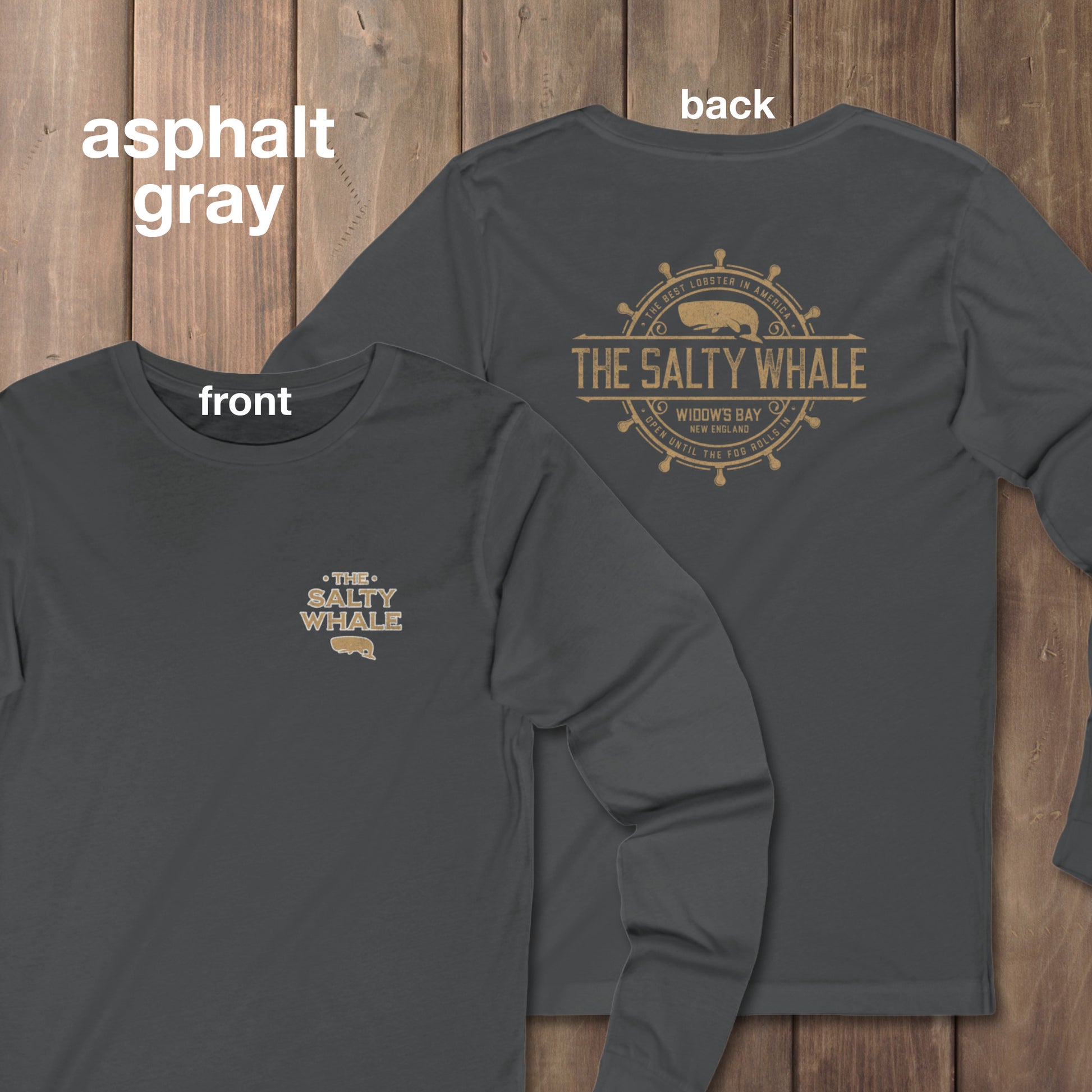 Dark gray long sleeve tee with vintage gold The Salty Whale logos from the TV show Widow's Bay nautical on front and back