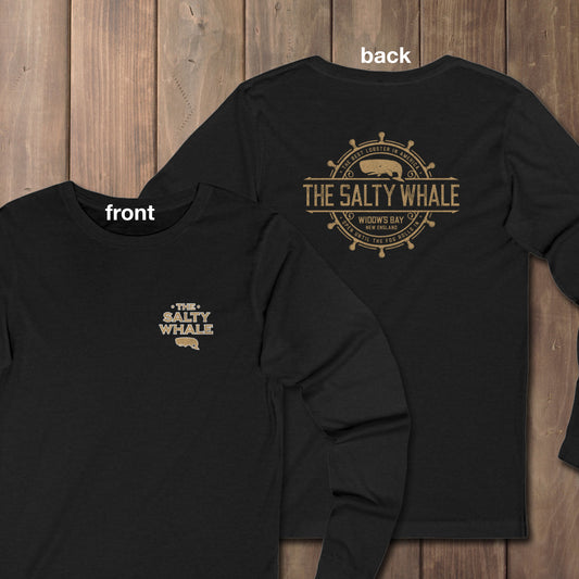 Front and back of Black Heather long sleeve tee with vintage gold The Salty Whale logos from TV show Widow's Bay nautical