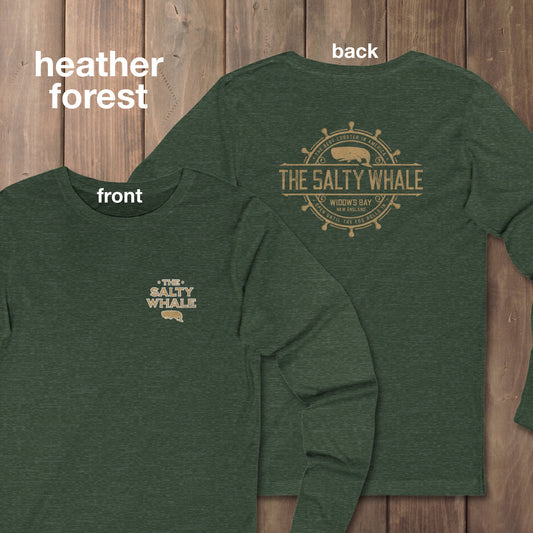 Heather forest green long sleeve tee with vintage gold The Salty Whale logos from the TV show Widow's Bay nautical on front and back