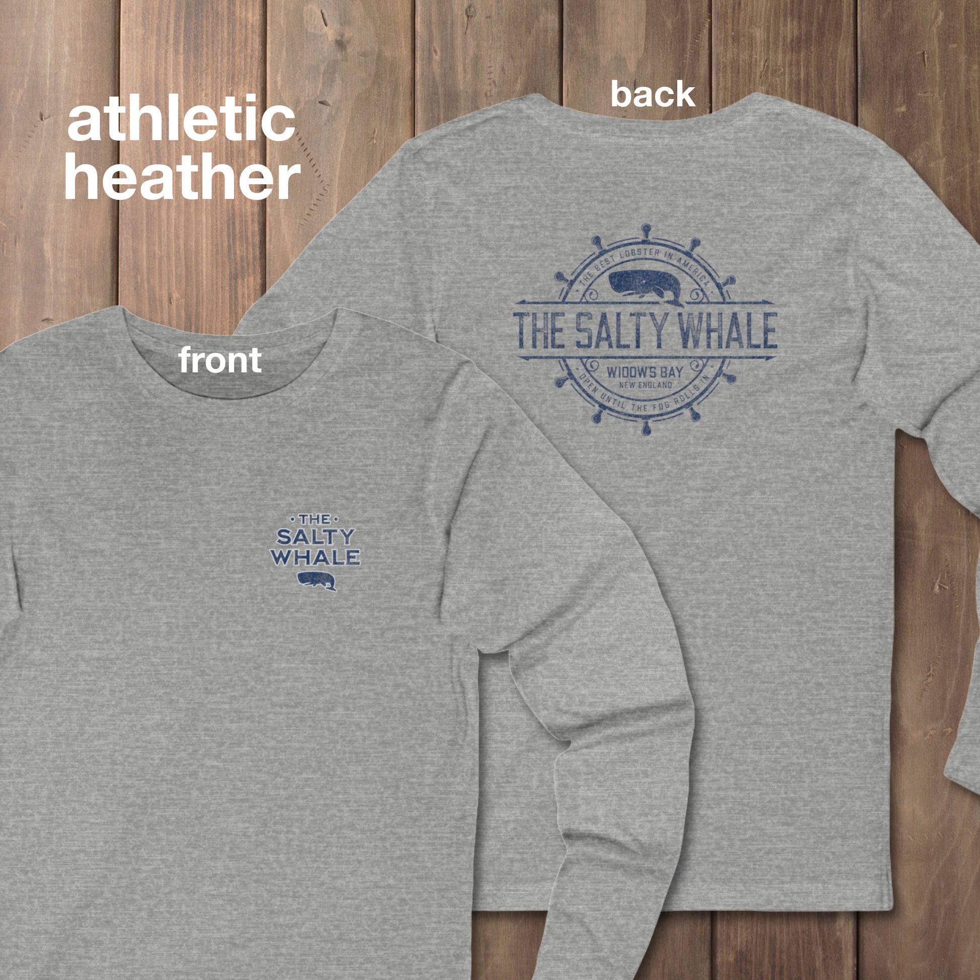 Heather gray long sleeve tee with vintage gold The Salty Whale logos from the TV show Widow's Bay nautical on front and back