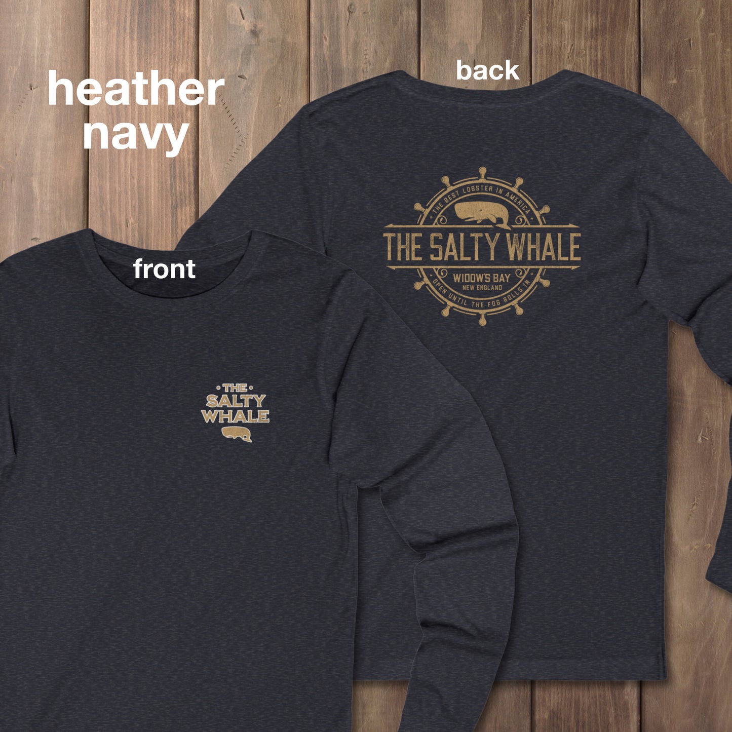 Heather navy blue long sleeve tee with vintage gold The Salty Whale logos from the TV show Widow's Bay nautical on front and back
