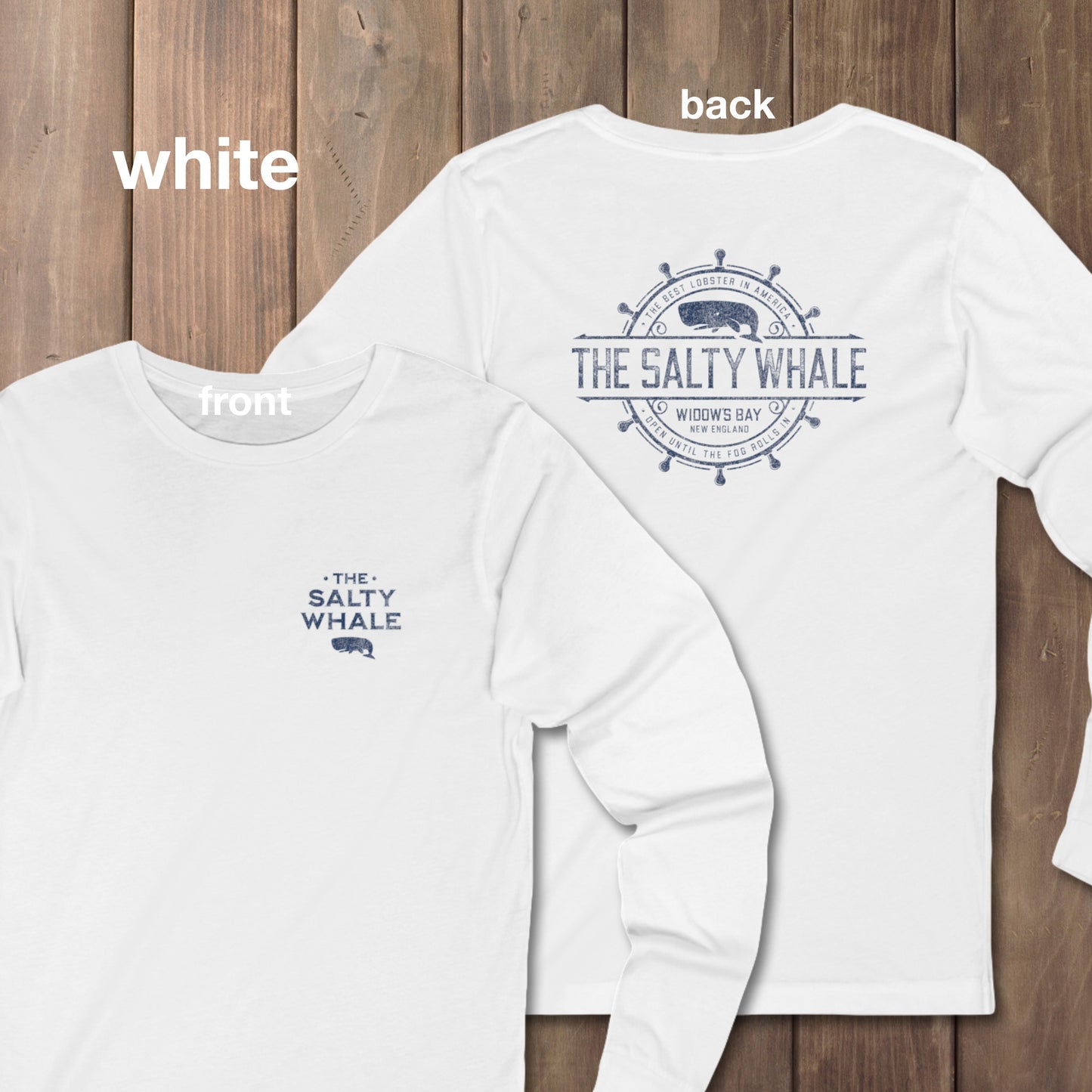 White long sleeve tee with vintage gold The Salty Whale logos from the TV show Widow's Bay nautical on front and back