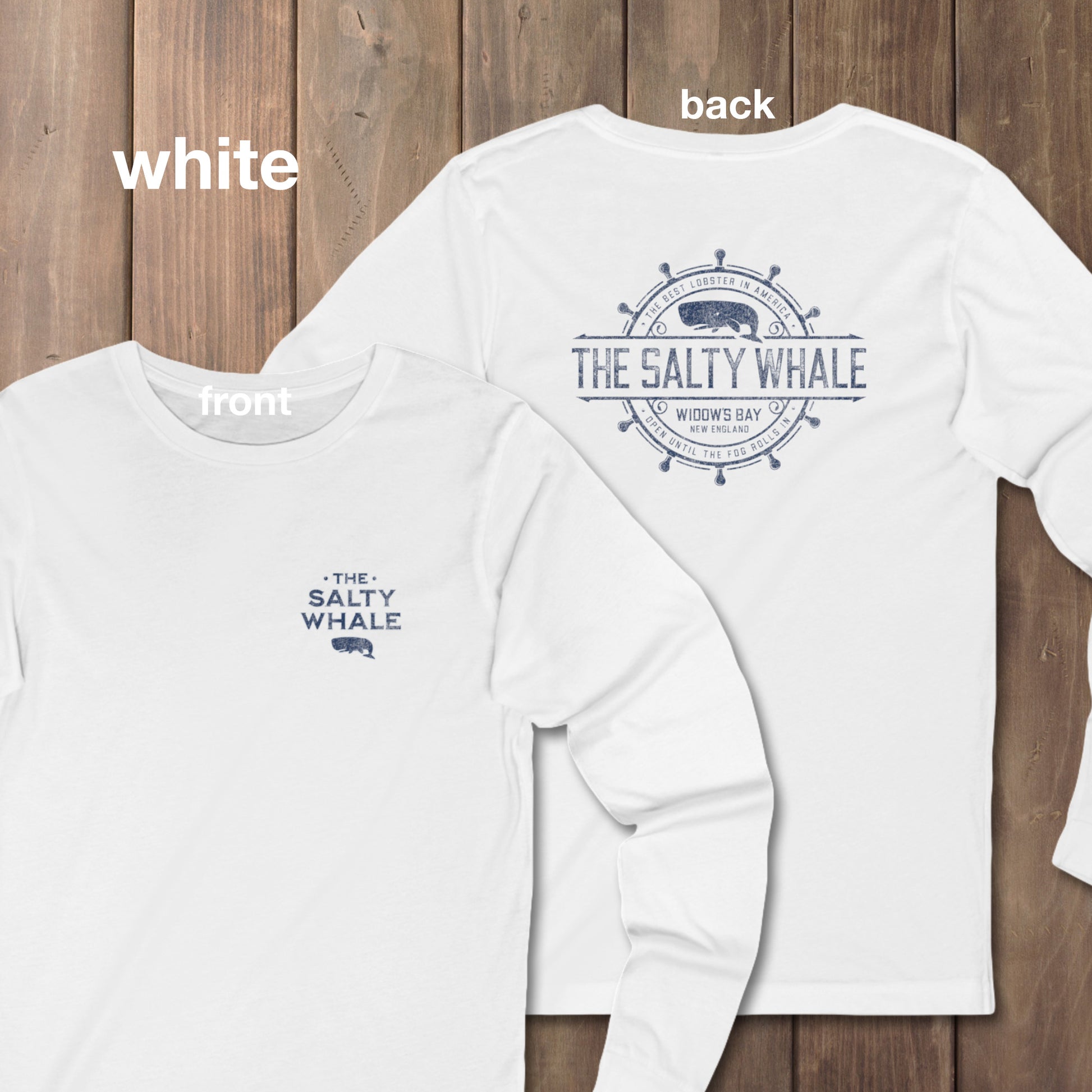 White long sleeve tee with vintage gold The Salty Whale logos from the TV show Widow's Bay nautical on front and back