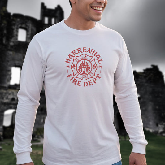Man wearing white Harrenhal Fire Department vintage distressed graphic long-sleeve t-shirt, Bella+Canvas cotton Game of Thrones inspired tee