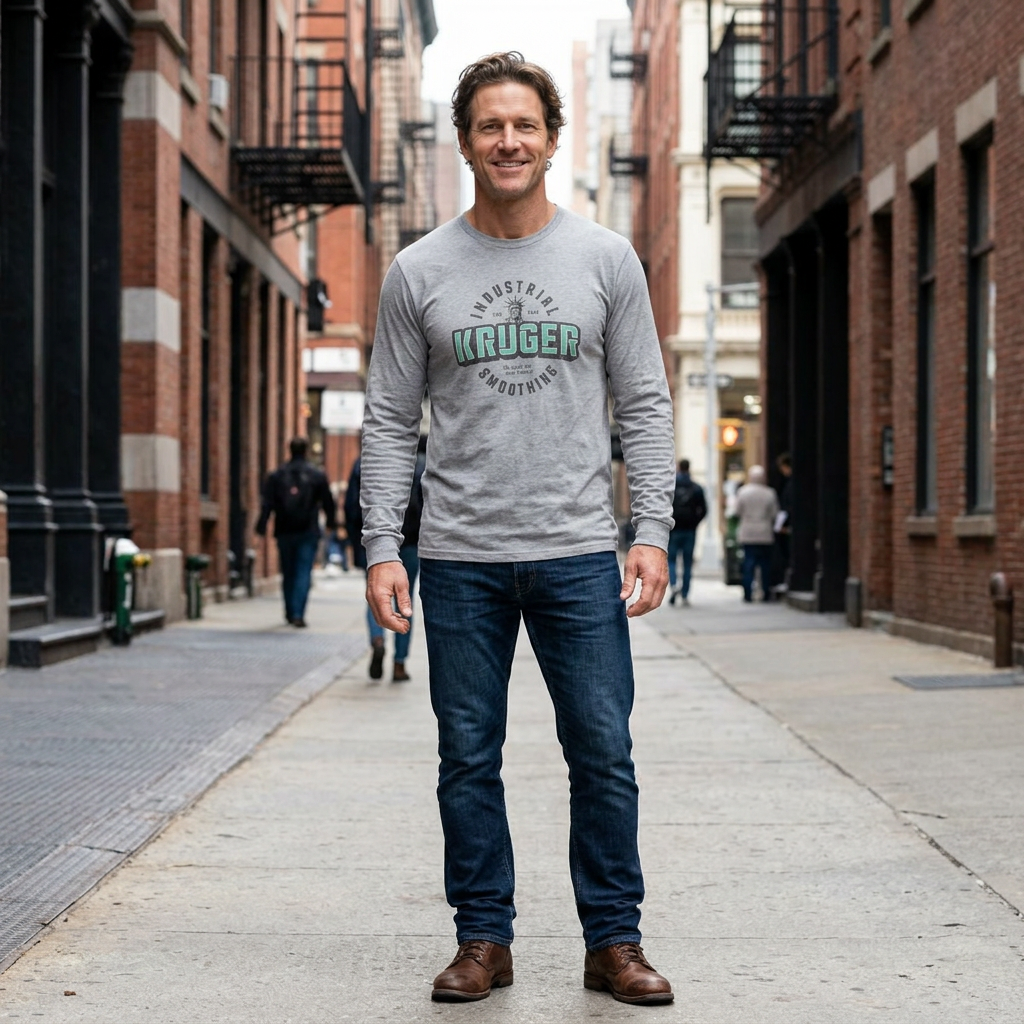 Man wearing a heather gray Bella+Canvas 3501 long-sleeve t-shirt featuring a Kruger Industrial Smoothing graphic in a vintage distressed style in a city