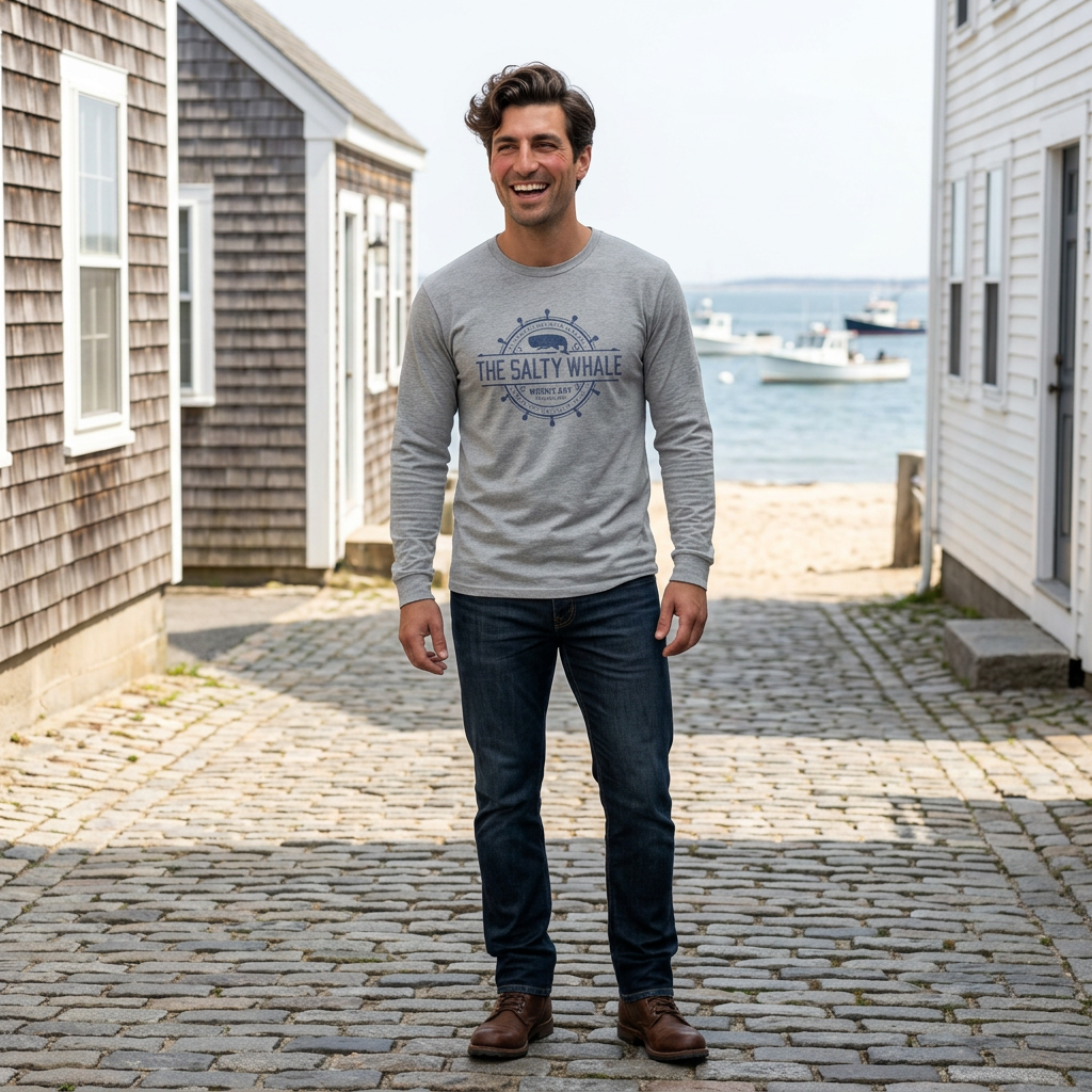 Person wearing Heather gray long-sleeve tee with the gold distressed Salty Whale maritime crest logo from Widow's Bay, New England