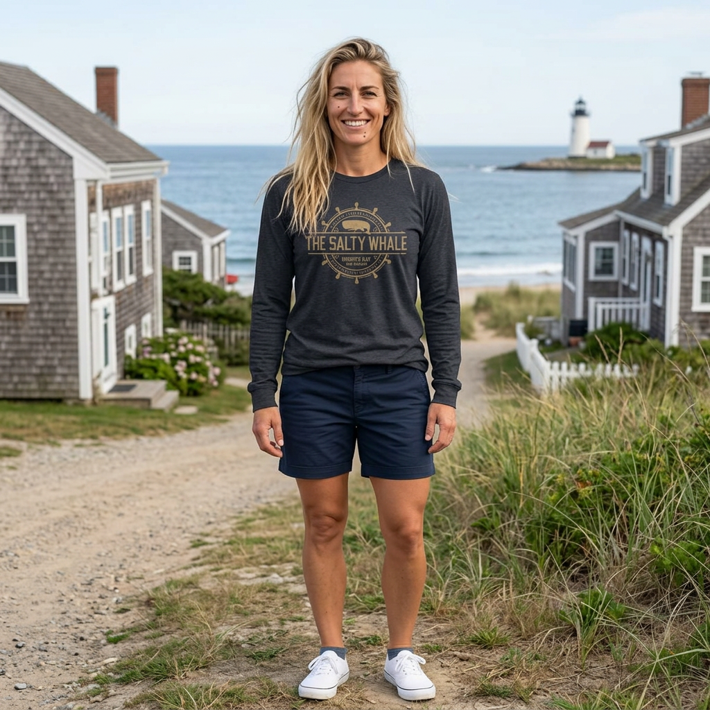 Woman wearing Heather navy long-sleeve tee with the gold distressed Salty Whale maritime crest logo from Widow's Bay, New England
