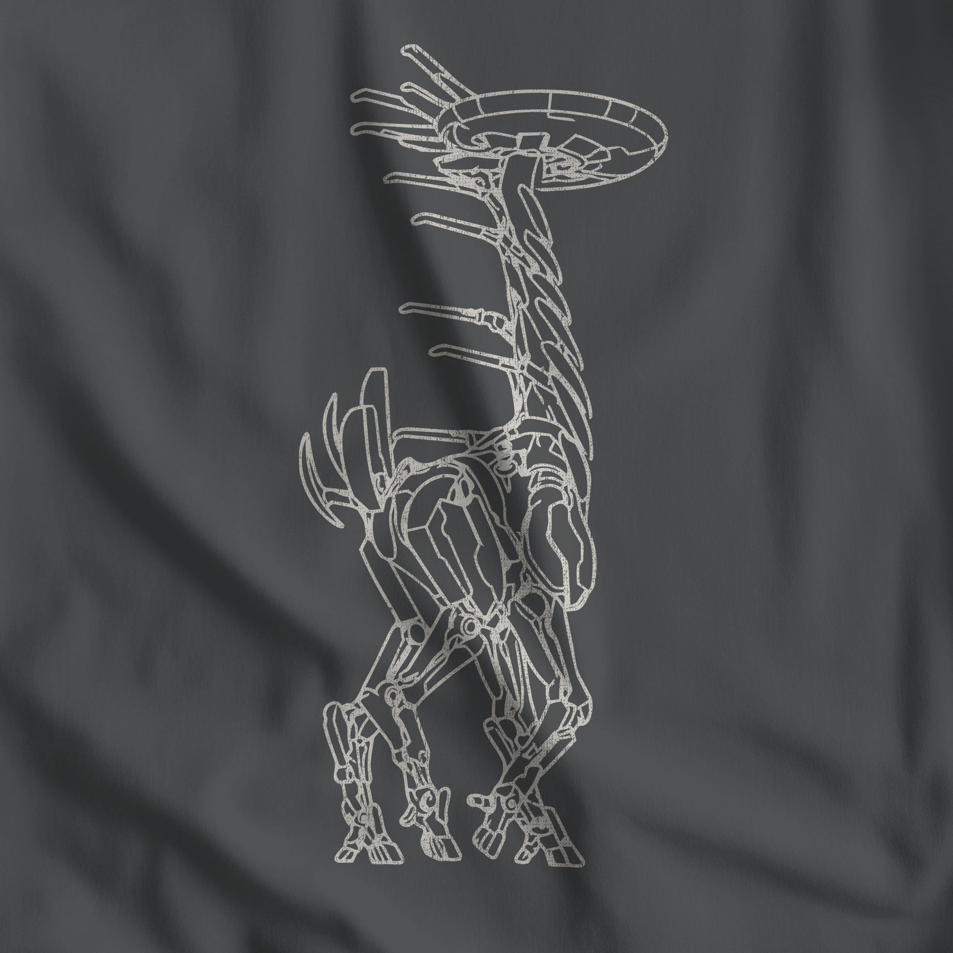 Closeup of Asphalt gray Tallneck vintage line-art long-sleeve t-shirt inspired by Horizon Zero Dawn and Forbidden West