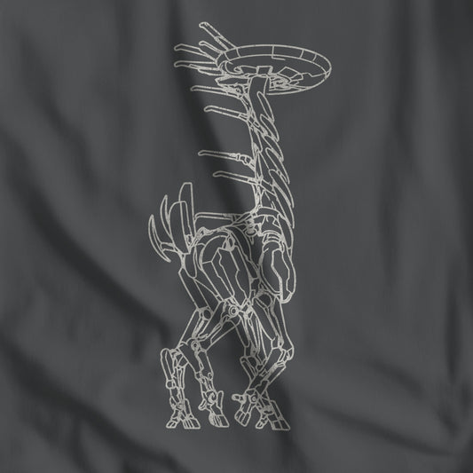 Closeup of Asphalt gray Tallneck vintage line-art long-sleeve t-shirt inspired by Horizon Zero Dawn and Forbidden West