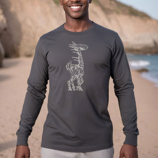 Man wearing Tallneck vintage line-art long-sleeve t-shirt inspired by Horizon Zero Dawn and Forbidden West
