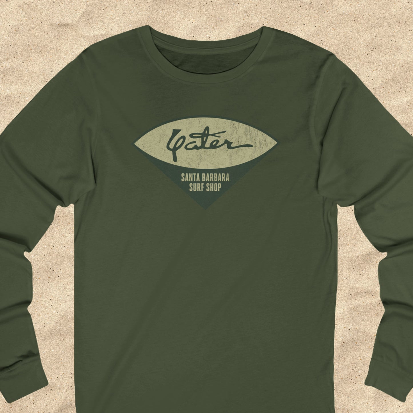 Yater Surf Shop vintage distressed long-sleeve t-shirt in military green, Bella+Canvas 3501, worn by Robert Duvall in Apocalypse Now.