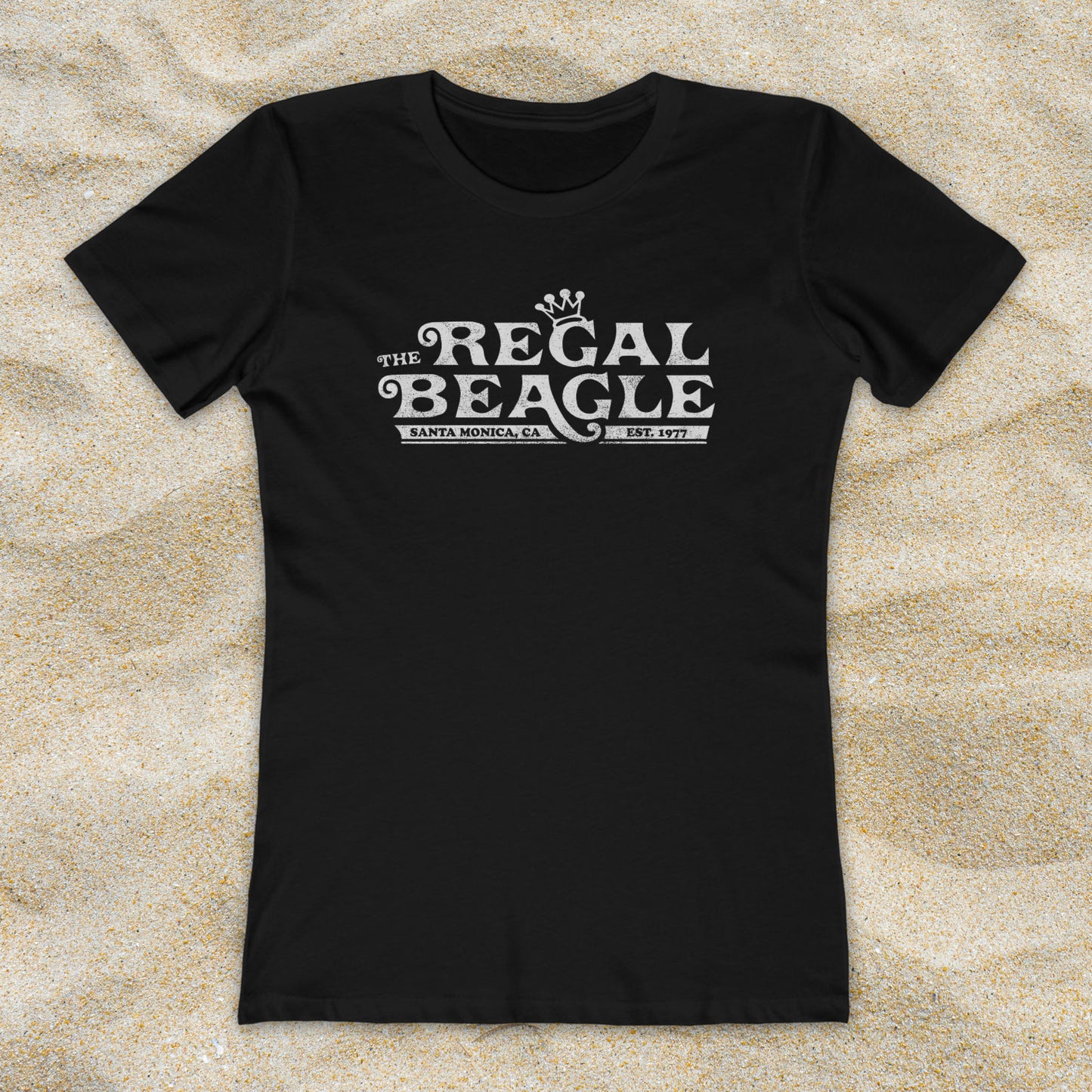 Black womens boyfriend tee with vintage distressed Regal Beagle Three's Company logo