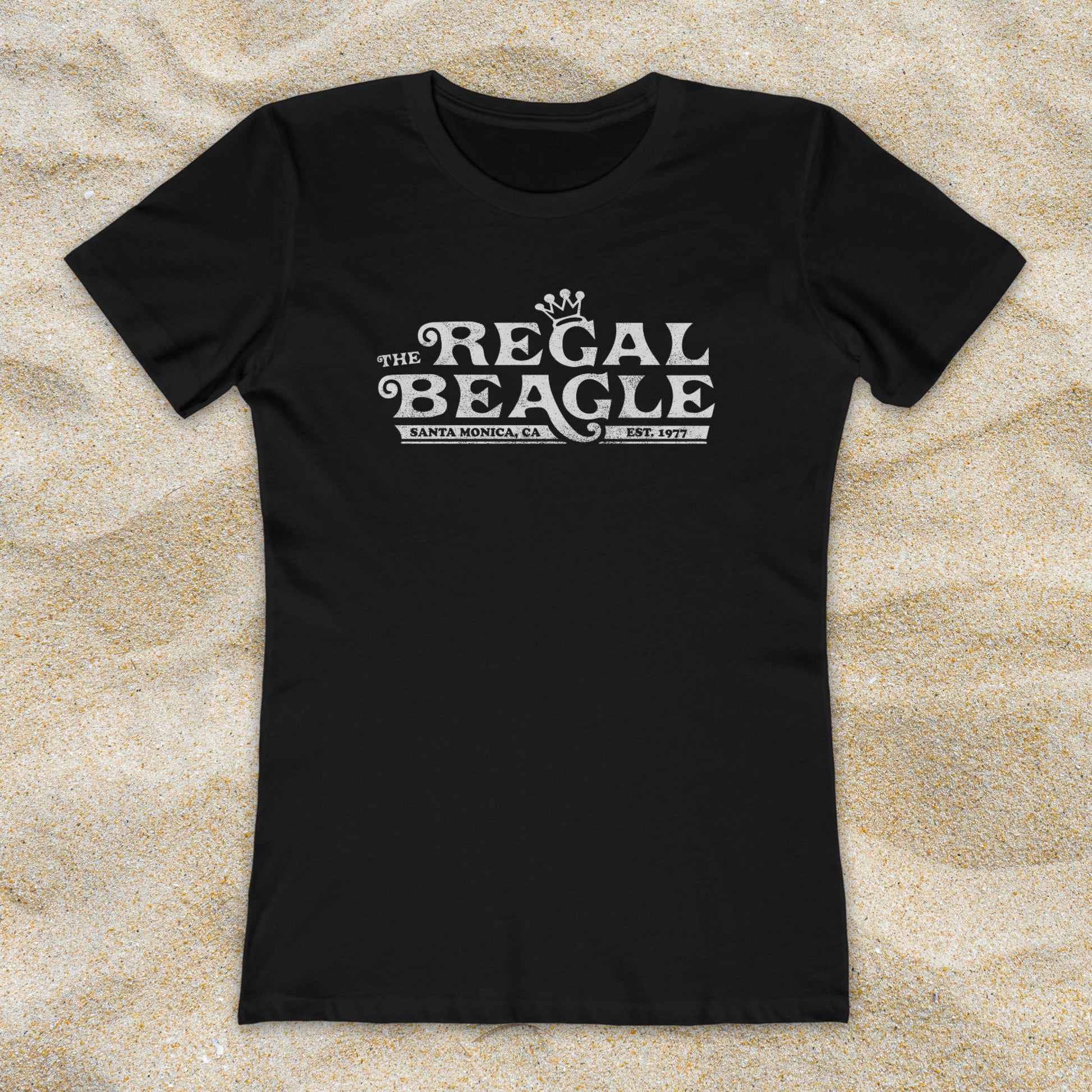 Black womens boyfriend tee with vintage distressed Regal Beagle Three's Company logo