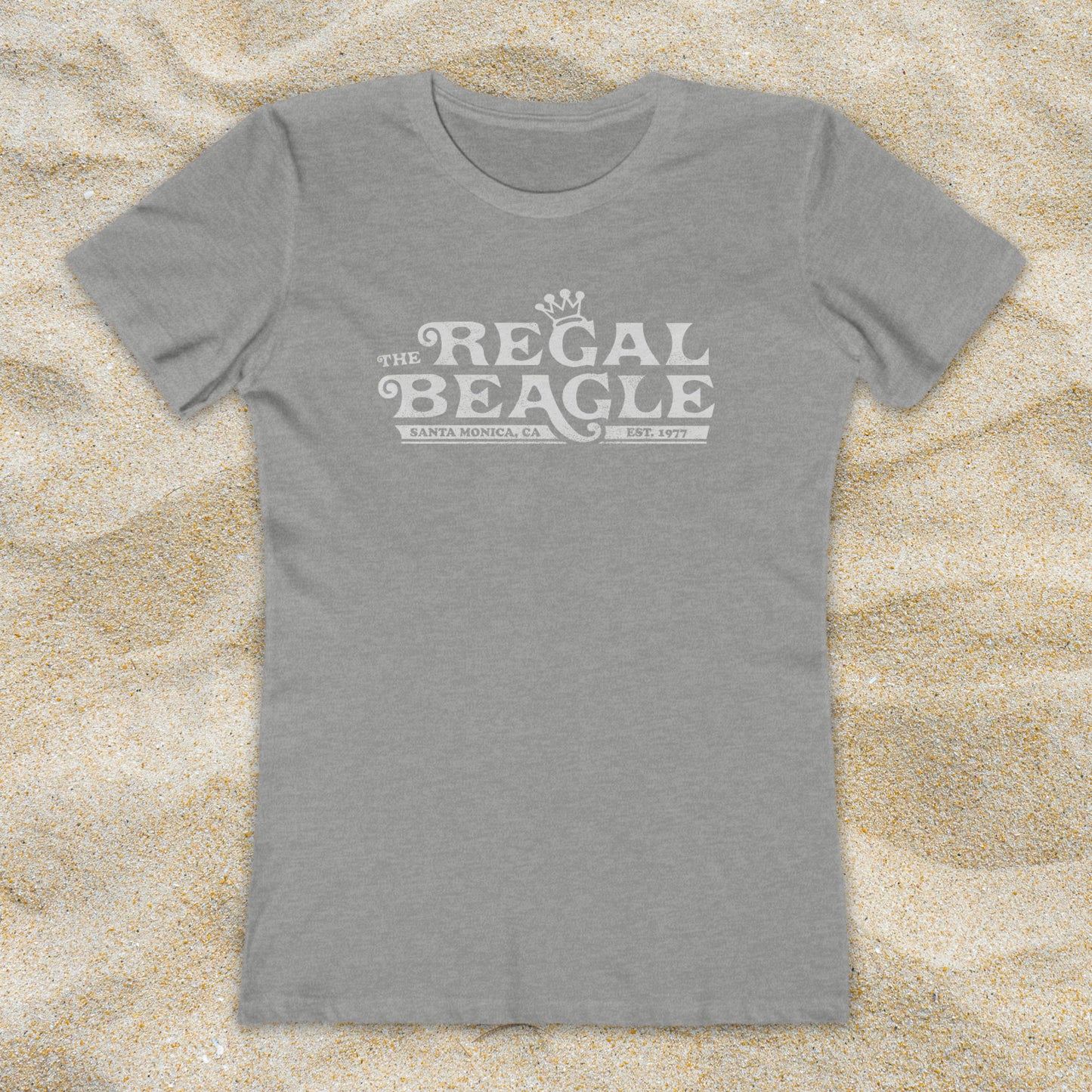 Heather gray womens boyfriend tee with vintage distressed Regal Beagle Three's Company logo