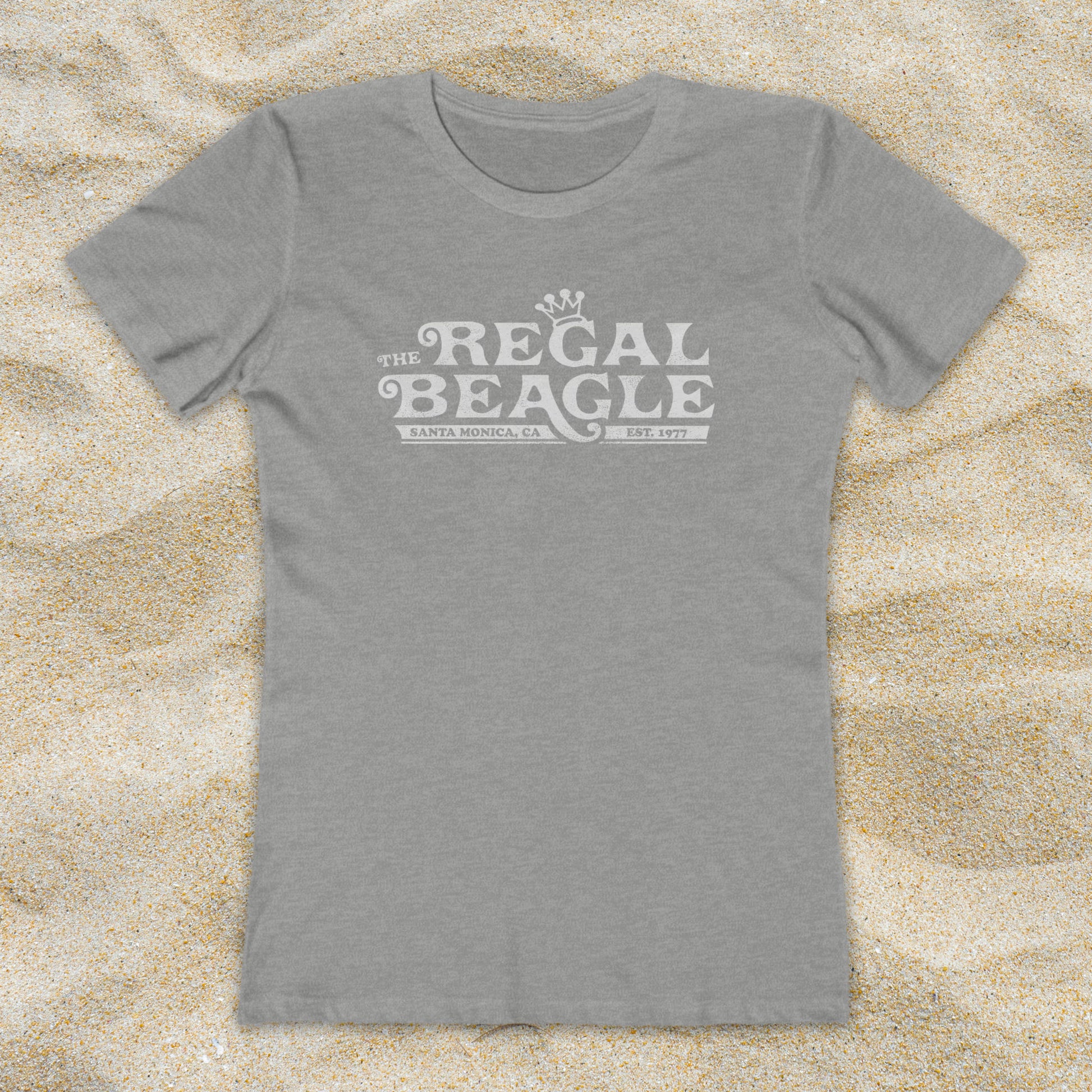 Heather gray womens boyfriend tee with vintage distressed Regal Beagle Three's Company logo