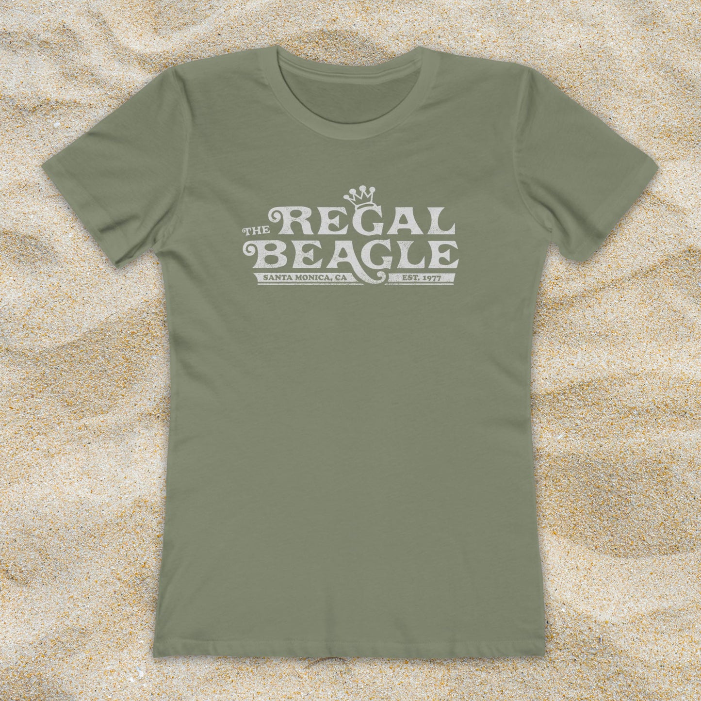 Olive green womens boyfriend tee with vintage distressed Regal Beagle Three's Company logo