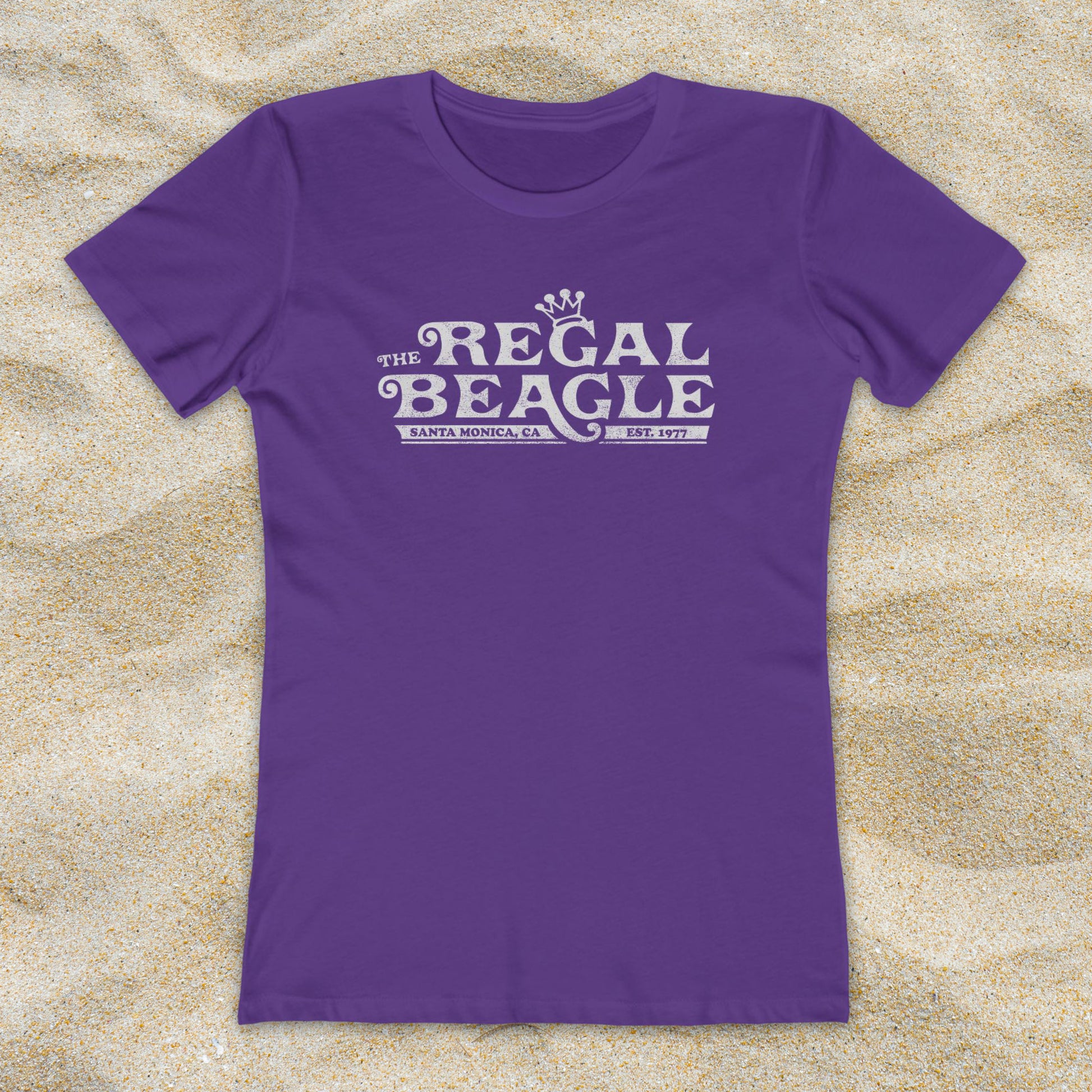 Purple womens boyfriend tee with vintage distressed Regal Beagle Three's Company logo