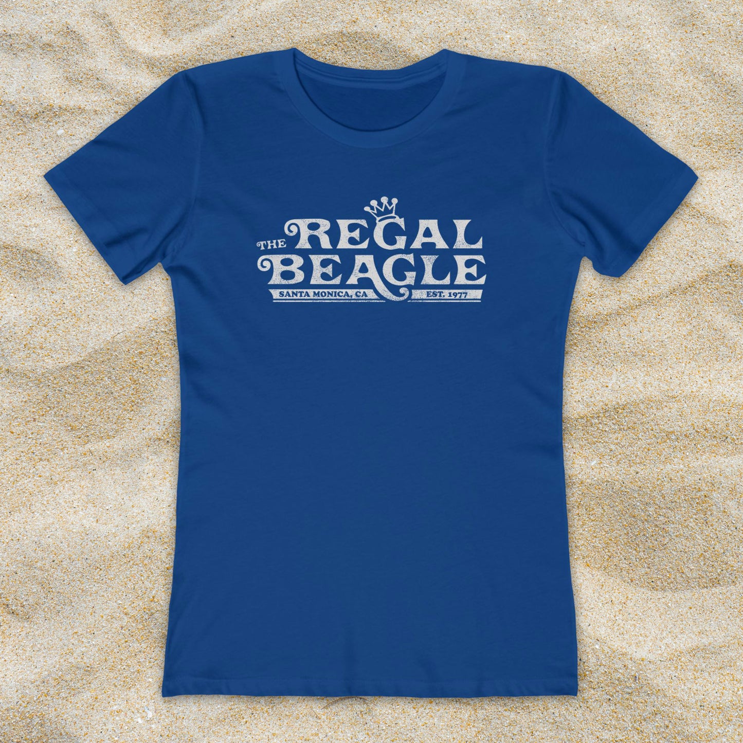 Royal blue womens boyfriend tee with vintage distressed Regal Beagle Three's Company logo