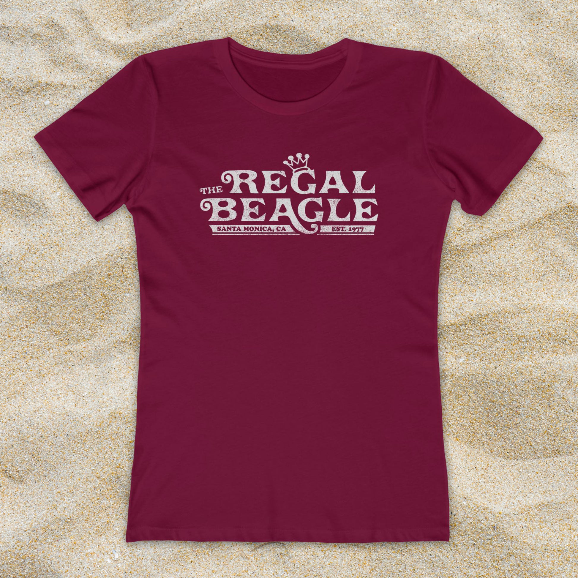 Red womens boyfriend tee with vintage distressed Regal Beagle Three's Company logo