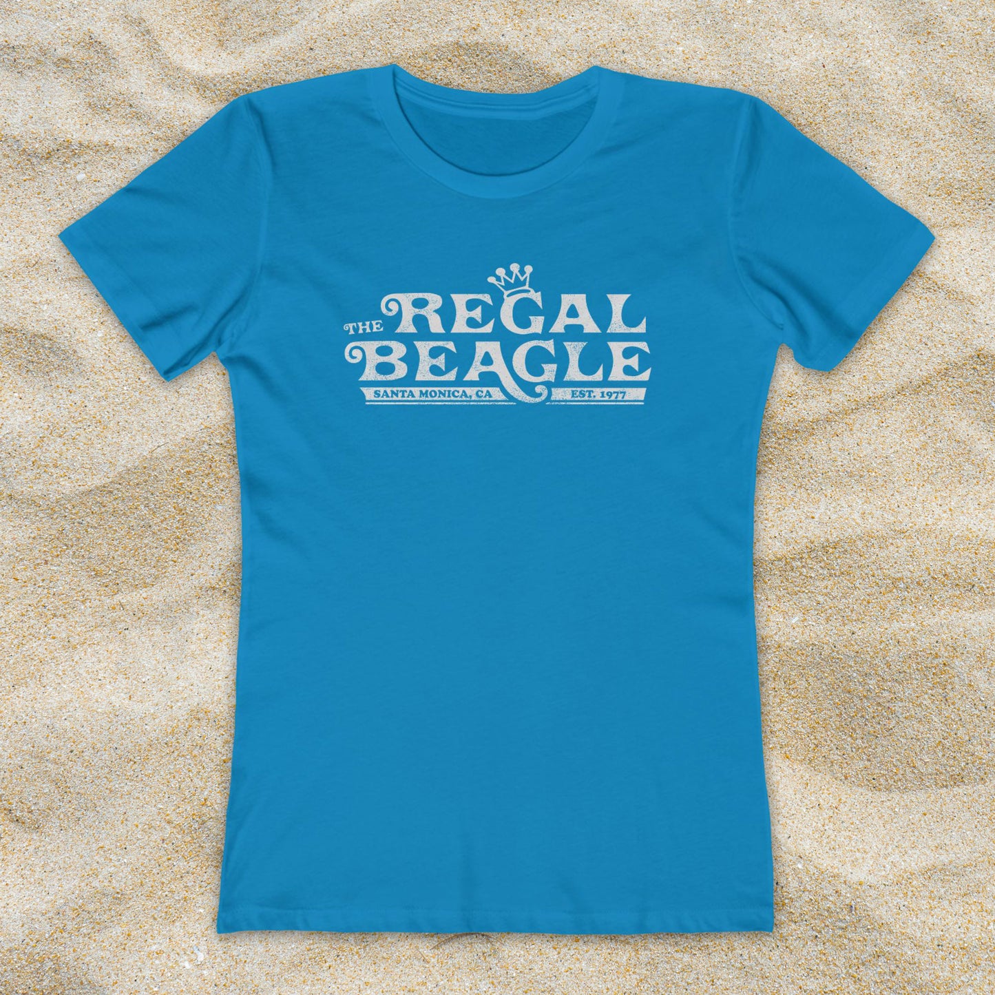 Turquoise blue womens boyfriend tee with vintage distressed Regal Beagle Three's Company logo