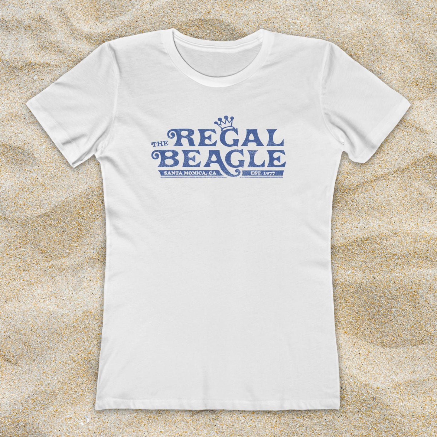 White womens boyfriend tee with blue vintage distressed Regal Beagle Three's Company logo