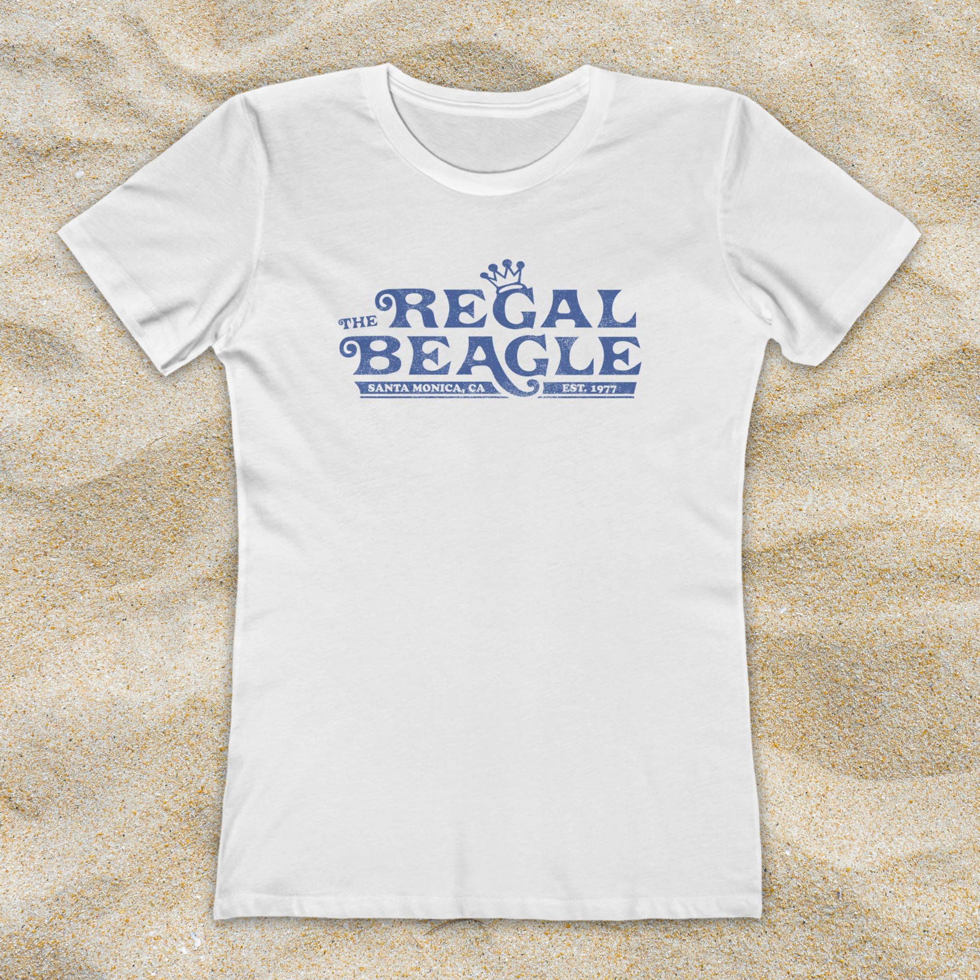 White womens boyfriend tee with blue vintage distressed Regal Beagle Three's Company logo