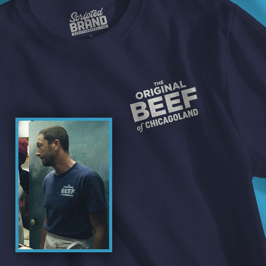 Closeup of 'The Original Beef of Chicagoland' t-shirt inspired by The Bear, Gildan 5000 short sleeve crew neck in navy blue.