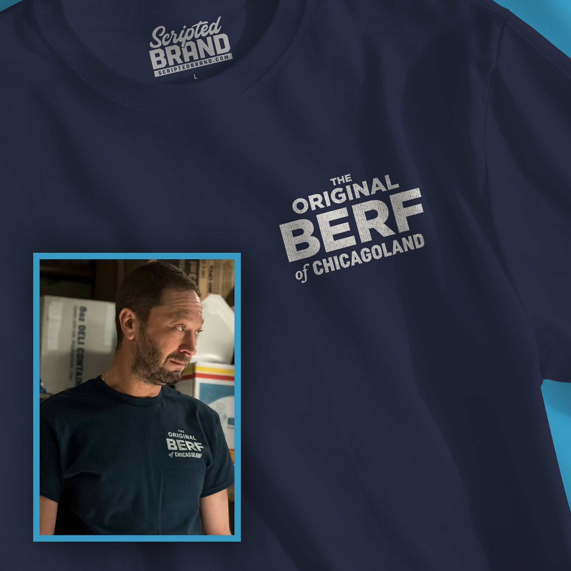 Closeup of Navy blue Gildan 5000 t-shirt with a misprinted 'The Original BERF of Chicagoland' inspired by The Bear TV Show.