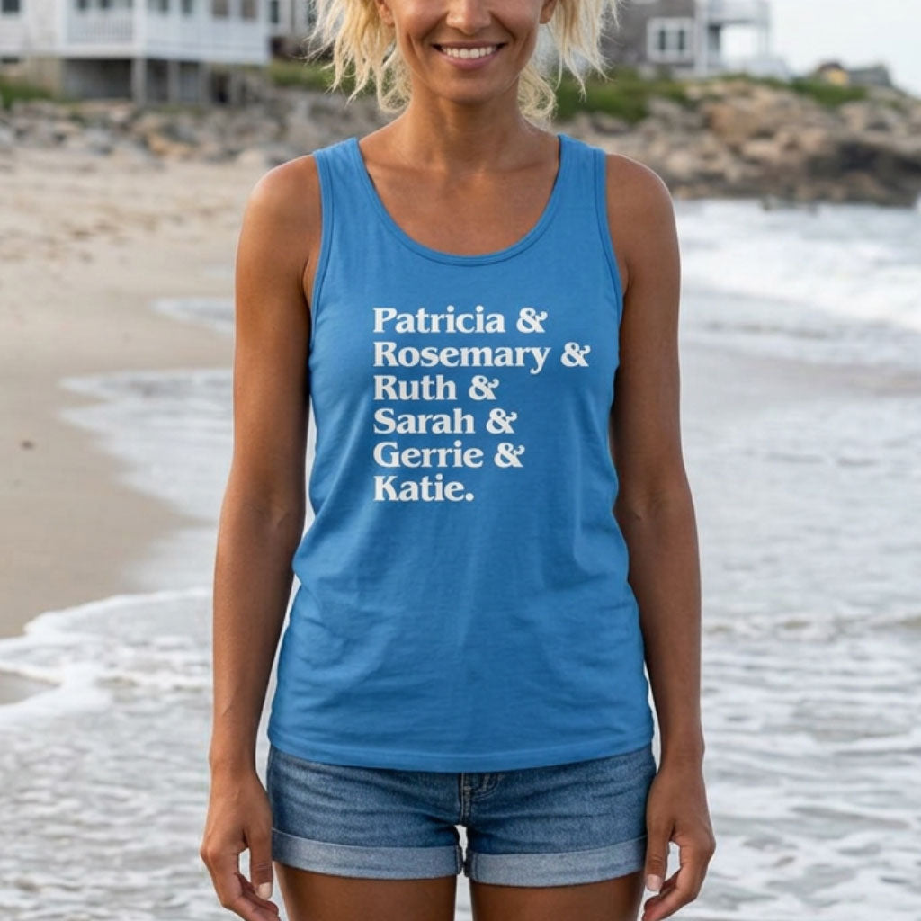 Royal blue garment-dyed Comfort Colors tank top with stacked Women of Widow's Bay show names in ampersand list including Patricia, Ruth, Rosemary