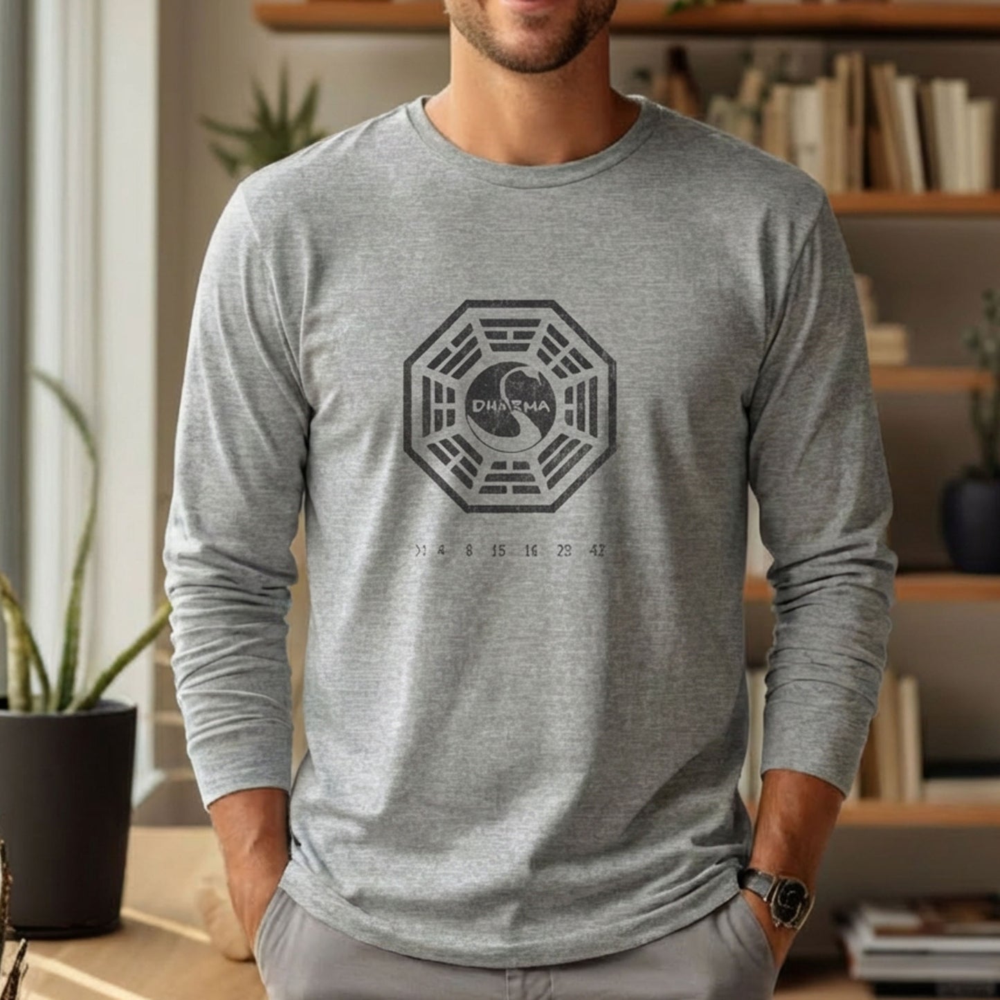 Man wearing Heather Gray long sleeve t-shirt with distressed Dharma Initiative Swan Station logo and hatch numbers from LOST