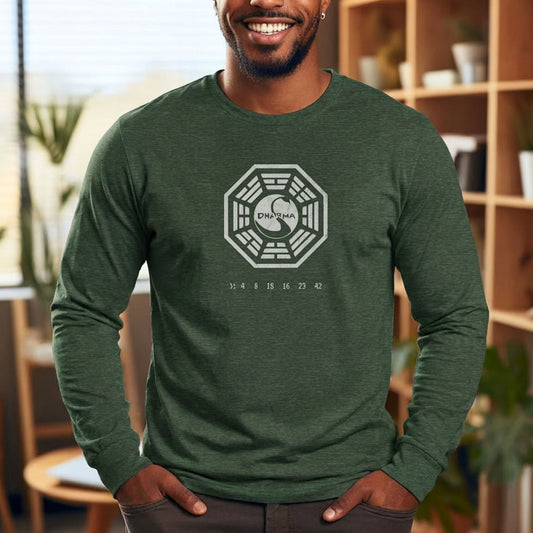 Man wearing Heather Green blue long sleeve t-shirt with distressed Dharma Initiative Swan Station logo and hatch numbers from LOST
