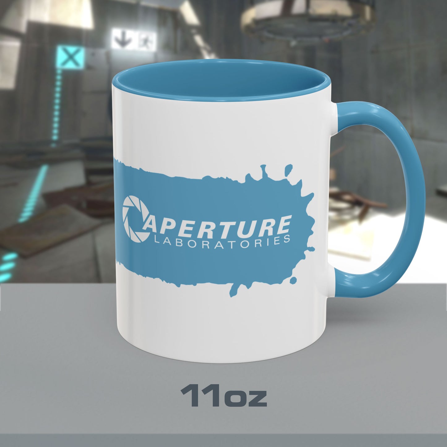 11oz Portal 2 Aperture Laboratories blue Repulsion Gel accent mug with blue handle on right.