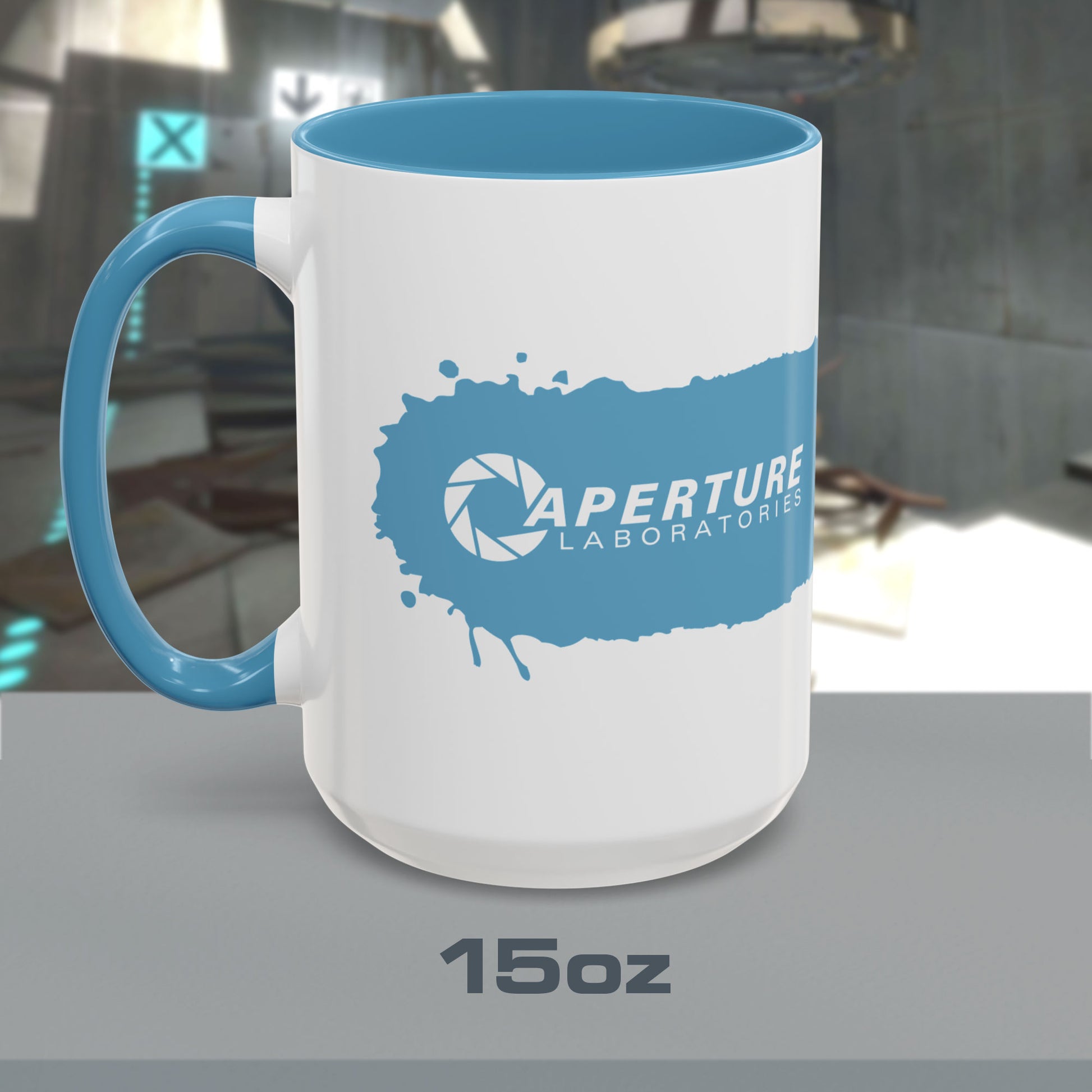 15oz Portal 2 Aperture Laboratories blue Repulsion Gel accent mug with blue handle on left.