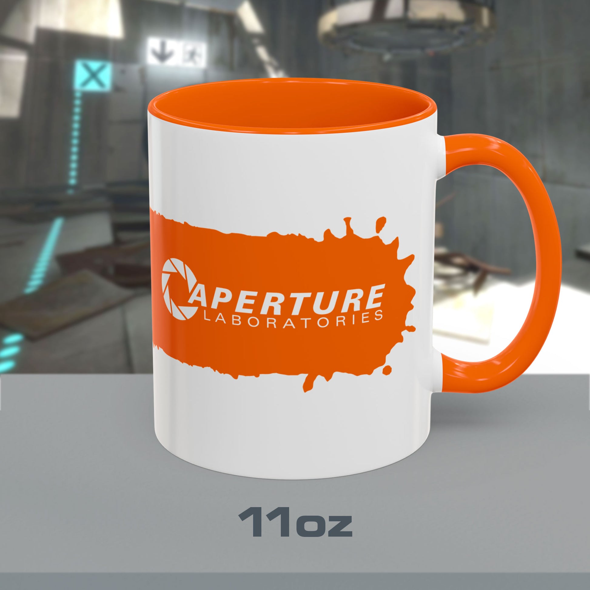 11oz Portal 2 Aperture Laboratories orange Propulsion Gel accent mug with orange handle on right.