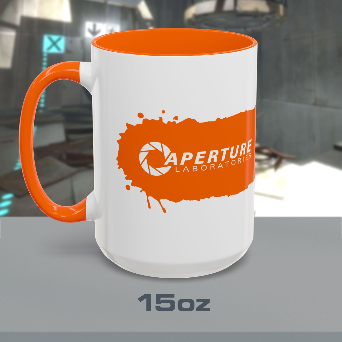 15oz Portal 2 Aperture Laboratories orange Propulsion Gel accent mug with orange handle on left.