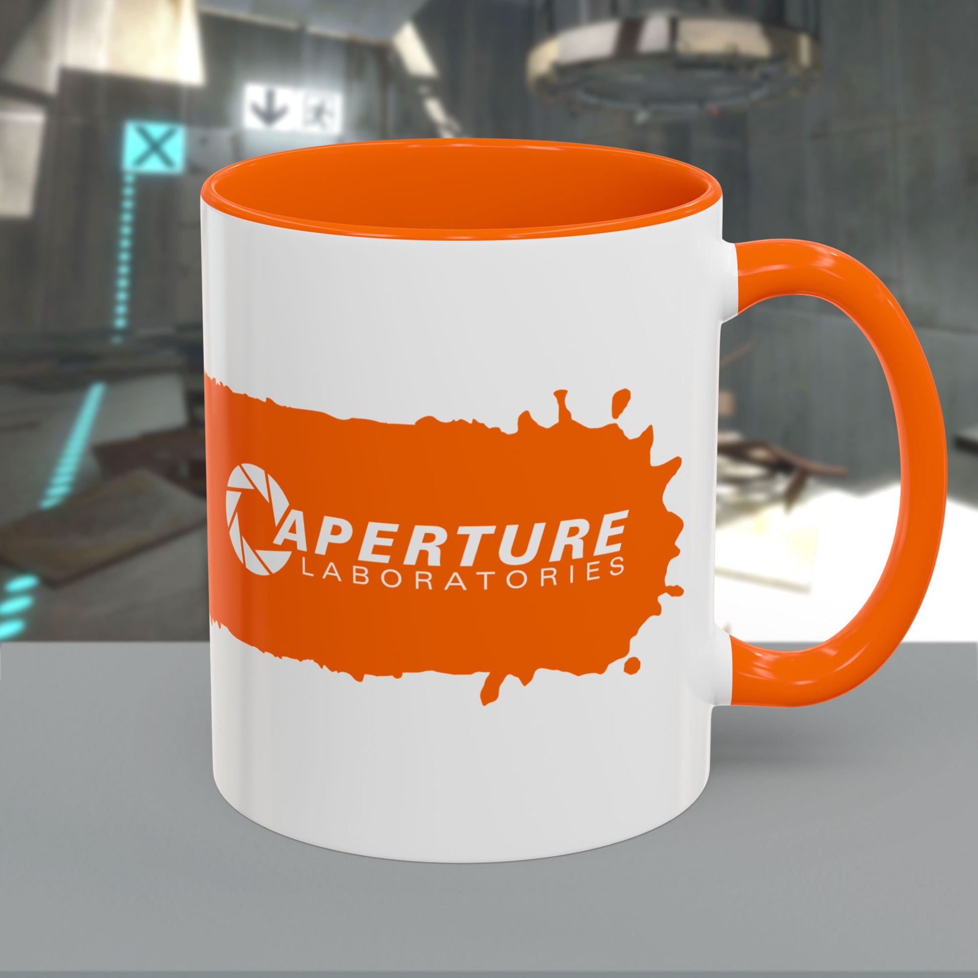 Portal 2 Aperture Laboratories orange Propulsion Gel accent mug with orange handle, glossy ceramic, 11oz or 15oz.