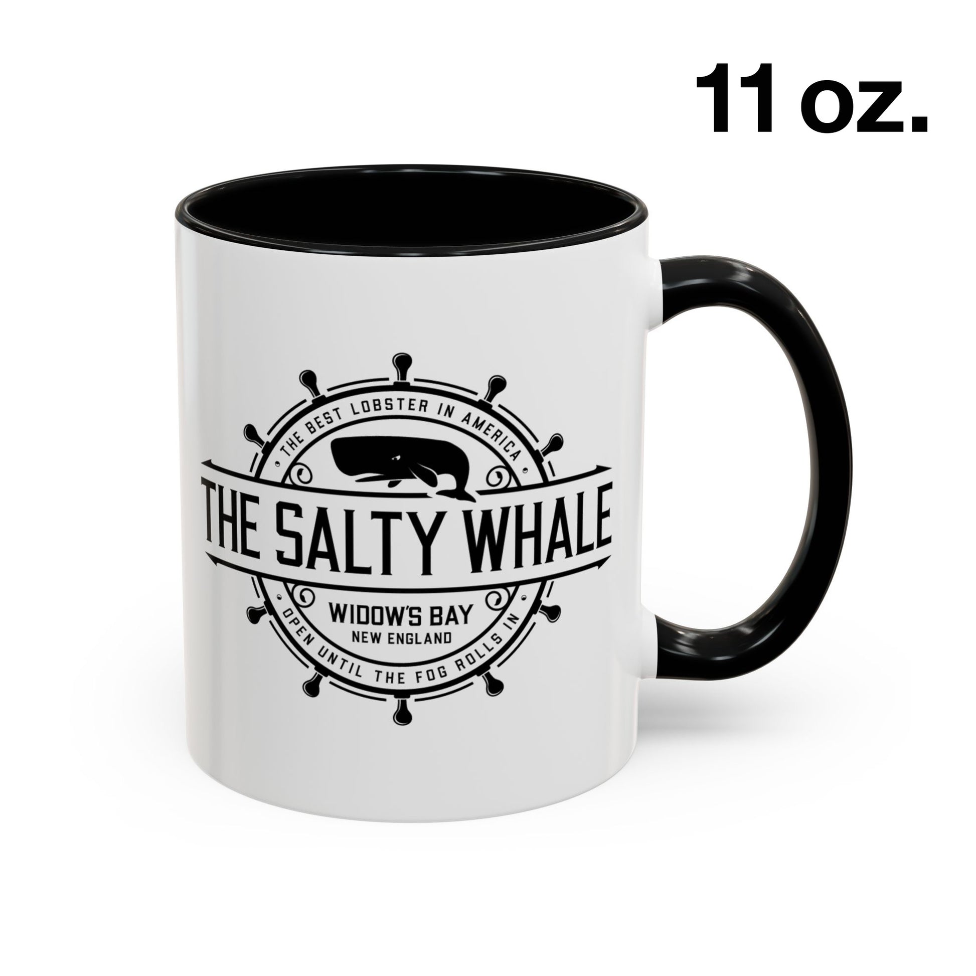 Side view of 11 oz White ceramic mug with black handle and the vintage Salty Whale maritime crest logo from Widow's Bay TV show, New England